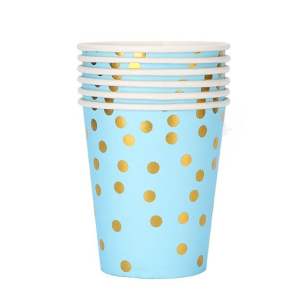 Set 10 Pahare, Cyrax, Imprimeu cu Buline, din Carton, 250 ml, 7.5 x 8.5 x 5.2 cm, Albastru/Auriu