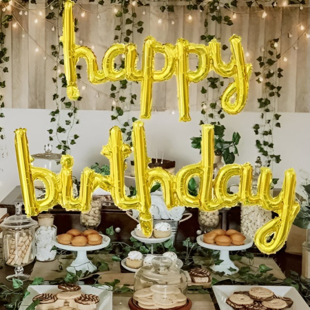 Set Baloane din Folie Metalizată, Cyrax, Model Happy Birthday, 45x85 cm, 45x124cm, Baloane Party, Ambalaj Individual, Pai inclus, Umflare cu Aer sau Heliu, Gold