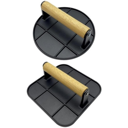 Presa Manuala pentru Carne, Cyrax, din Aliaj de Aluminiu, Maner din Lemn, Presa pentru Burgeri, Usor de Curatat si Folosit, Rotunda, 16x16x6 cm, Neagra