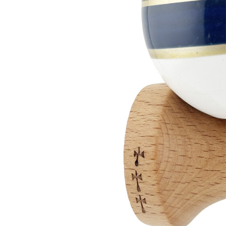 Kendama X ROYAL SPIKE Originala, Profesionala, Cyrax, Big Cups V2, Super Sticky cu Cupe Mari, Rulment Metalic, din lemn 18 cm, Ata 55 cm, Negru/Dark Blue Gold/Alb