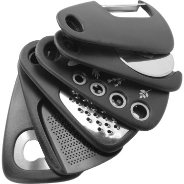 Set 6 in 1 mini ustensile bucatarie Cyrax, taietor pizza, cutit, curatator, razatoare, desfacator, presa usturoi, manere din ABS, lame ascutite din otel inoxidabil, 7.1 x 12.9 x 4.8 cm,  negru