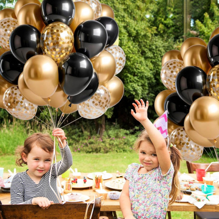 Set 16 Baloane din Latex, Cyrax, Model Party, 30 cm, Auriu, Negru, Confetti, 2.8 g