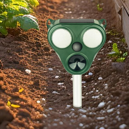 Aparat Solar LED cu Ultrasunete,  Repelent pentru Animale Mari si Mici, Lumina Rosie si Alba, Anti Rozatoare, Anti Insecte, Frecventa 13.5KHZ-65 KHZ, Senzor PIR, 13 x 14.7 x 24.5 cm, Verde