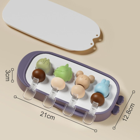 Forma pentru inghetata Cyrax, 4 compartimente, forme cu animalute, materialsilicon si ABS, 21 x 12.8 x 3cm, mov