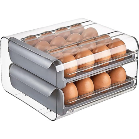 Suport pentru Oua, Cyrax, Strat Dublu, Capacitate 32 de Oua,  23.5x21.5 cm, din Plastic, Gri