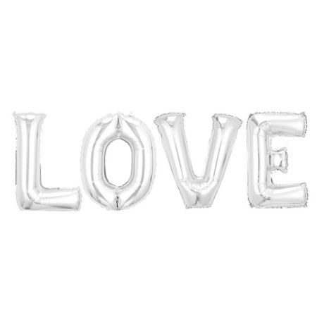 Set 4 Baloane din Folie Metalizata, Cyrax, Figurine Litere, Model Scris Love, Tema Iubire, 80 cm, Ambalaj Individual, Pai Inclus, Umflare cu Aer sau Heliu, Argintiu