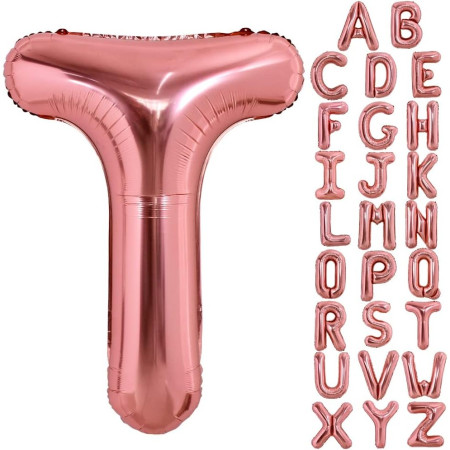 Balon Folie Metalizata Litera T, Cyrax, 40 cm, Umflati cu Heliu sau Aer, Ambalaj Individual, Pai inclus, Rose Gold