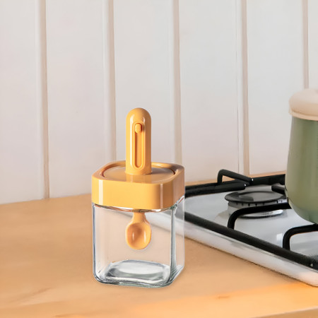 Recipient pentru Depozitarea Condimentelor, Cyrax, Borcan din Sticla, Capac si Lingura Incorporate, Uz Casnic, 300 ml, 7.1x7.1x14.8 cm, Portocaliu