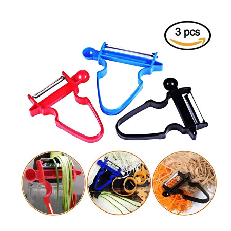 Set 3 Accesorii de Decojire, Razuire si Feliere, Cyrax, pentru Legume si Fructe, Negru-Rosu-Albastru