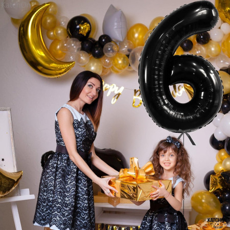 Balon din Folie Metalizata Cyrax, Figurina Cifra, Tema Aniversare 40 cm, Ambalaj Individual, Pai inclus, Umflare cu Aer sau Heliu, Negru, Cifra 6