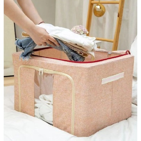 Cutie de Depozitare Pliabila,  66 L, din Bumbac si In, 33x40x50 cm, 2 Ferestre, Frontala si Laterala, 2 Usi de Acces cu Fermoar Bidirectional, Cadru Metalic, Suport Baza Stabil din Plastic, Roz Pudrat