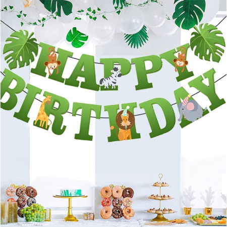 Banner Happy Birthday 100x200 cm, Cyrax, Rola de Ata Inclusa, Tematica Jungle, Verde