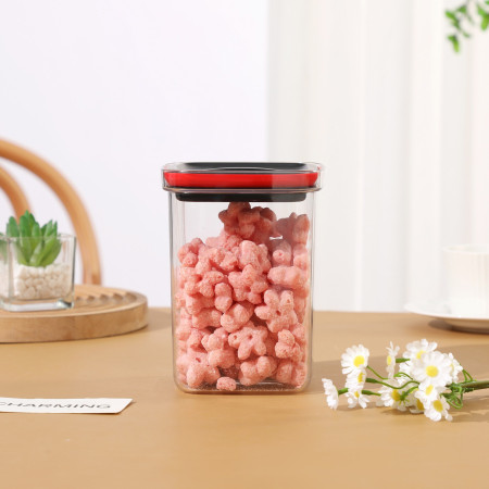 Cutie de Depozitare Alimente, Cyrax, Cutie de tip Container, Recipient pentru Cereale in Bucatarie, 11.5 x 11.5 x 15 cm, volum 1200 ml, Transparenta cu Capac Negru