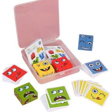 Jucarie Pentru Copii Montessori Cyrax, Cub din Lemn, Asamblare Fete, 64 de Carti Distractive, pentru Baieti si Fete, Varsta +3 ani, Educativ, Ambalaj din plastic, 12 x 12 x 3 cm, multicolor