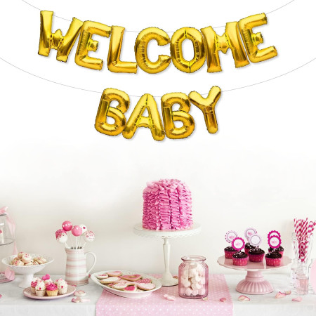 Set Baloane din Folie Metalizata, Cyrax, Model Welcome Baby, Litere de 40 cm, Baloane Party, Ambalaj Individual, Pai, Ata si Adeziv Incluse, Umflare cu Aer sau Heliu, Auriu