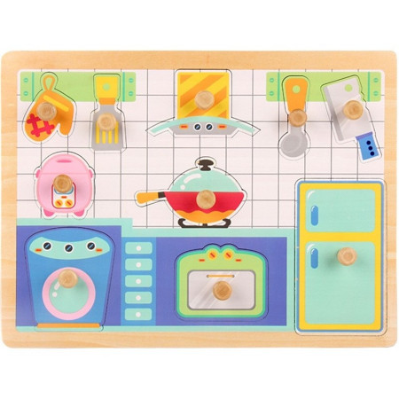 Puzzle Montessori din Lemn pentru Copii, Cyrax, 3D, 0-3 Ani, Model Bucatarie, Educativ, Intuitiv, Creativ, 10 Piese, 30x22.5x0.8 cm, Multicolor