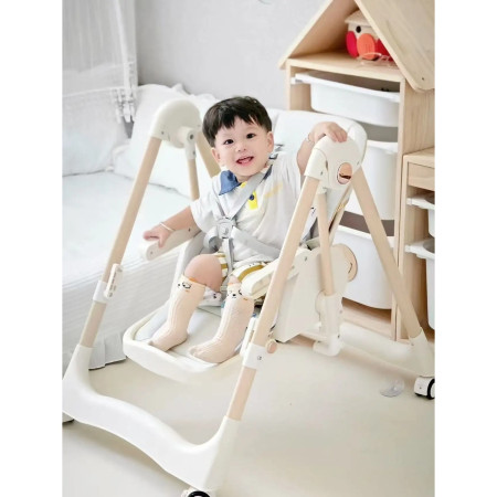 Scaun de Masa 2in1, Cyrax, pentru Copii 6 luni - 4 Ani, Pliabil, cu Roti, Balansoar, Leagan, Reglabil, Tava de Masa Dubla, Centura in 5 Puncte, 96 x 56 x 76 cm, Sampanie