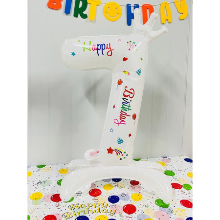 Balon din Folie Metalizata, Cyrax, Figurina Cifra, Model 7 cu Happy Birthday Scris, Tema Aniversare 81 cm, Ambalaj Individual, Pai Inclus, Umflare cu Aer sau Heliu, Alb