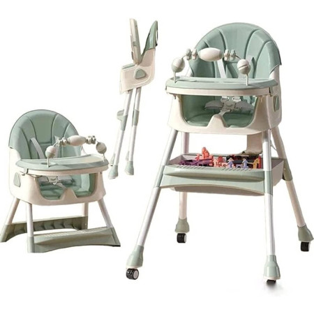 Scaun de Masa 2in1, Cyrax, pentru Copii de la 6 luni - 5 Ani, Inaltime Reglabila, Centura in 5 Puncte, Tava de Masa, Roti cu Frana, Cos Depozitare, Jucarie Inclusa, 94 x 78 x 60 cm, Verde