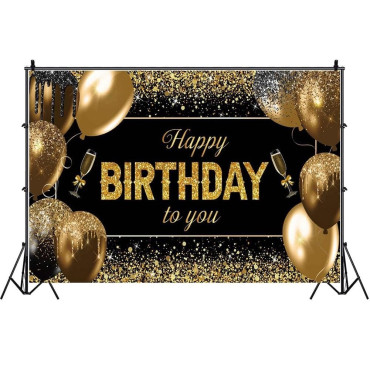 Banner Tip Fundal pentru Poze, Cyrax, din Panza, 185 x 110 cm, Sfoara 6 m, Prindere in 4 Colturi, Happy Birthday to You, Negru/Auriu