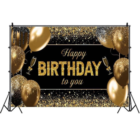 Banner Tip Fundal pentru Poze, Cyrax, din Panza, 185 x 110 cm, Sfoara 6 m, Prindere in 4 Colturi, Happy Birthday to You, Negru/Auriu