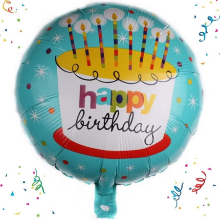 Balon din Folie Metalizata, Cyrax, Mini Figurina Rotunda, Model Happy Birthday Tort, Tema Aniversare, 45 cm, Ambalaj Individual, Pai inclus, Umflare cu Aer sau Heliu, Albastru