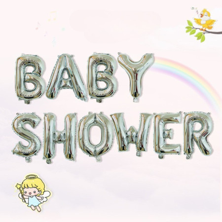 Set Baloane din Folie Metalizata, Cyrax, Model Baby Shower, Litere de 40 cm, Baloane Party, Ambalaj Individual, Pai, Ata si Adeziv Incluse, Umflare cu Aer sau Heliu, Argintiu