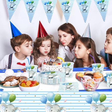 Set 10 Farfurii Unica Folosinta, Cyrax, Imprimeu Elefant, din Carton, 22 cm, Albastru