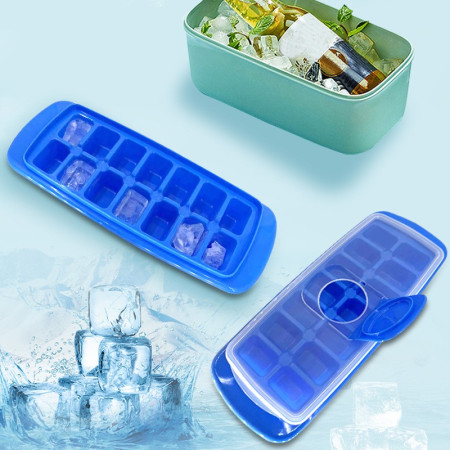 Forma pentru cuburi de gheata Cyrax, 14 cuburi, reutilizabil, plastic alimentar, cu capac, orificiu umplere, dreptunghiulara, 29.5 x 12.5 x4 cm, albastru