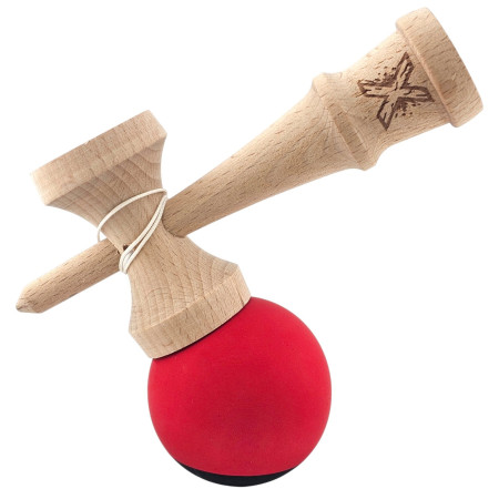 Kendama X Originala, Profesionala, Cyrax, din Lemn, 18 cm, Rubber Grip, Negru/Rosu