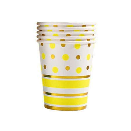 Set 10 Pahare, Cyrax, Imprimeu cu Buline si Dungi, din Carton, 250 ml, 7.5 x 8.5 x 5.2 cm, Galben/Auriu