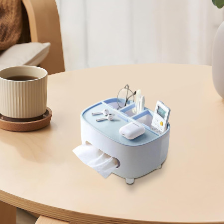 Suport pentru Servetele,  Cutie Multifunctionala, Design Minimalist, ABS, cu Suport pentru Obiectele Personale, pentru Birou, 21x12x12 cm, Albastru