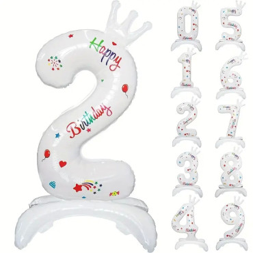 Balon din Folie Metalizata, Cyrax, Figurina Cifra, Model 2 cu Happy Birthday Scris, Tema Aniversare 81 cm, Ambalaj Individual, Pai Inclus, Umflare cu Aer sau Heliu, Alb