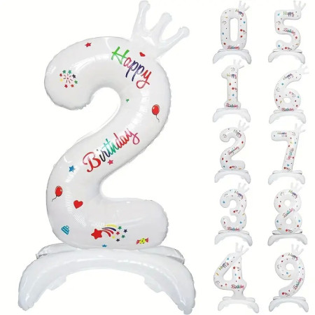 Balon din Folie Metalizata, Cyrax, Figurina Cifra, Model 2 cu Happy Birthday Scris, Tema Aniversare 81 cm, Ambalaj Individual, Pai Inclus, Umflare cu Aer sau Heliu, Alb