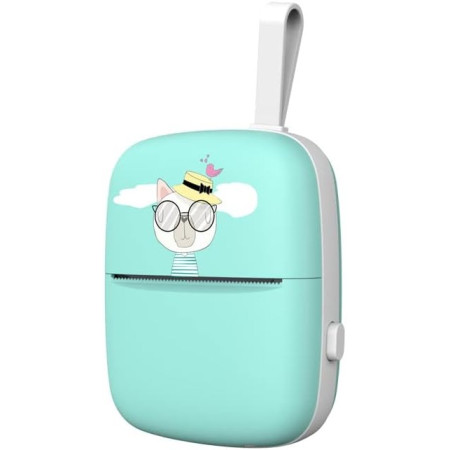 Set Mini Imprimanta Foto Portabila, Cyrax, Include: 1x Set de Markere, 5x Role de Hartie Termica, 5x Role Hartie Adeziva, Incarcare USB, Bluetooth, Print Alb-Negru, Model Pisica, Albastru