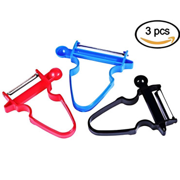 Set 3 Accesorii de Decojire, Razuire si Feliere, Cyrax, pentru Legume si Fructe, Negru-Rosu-Albastru