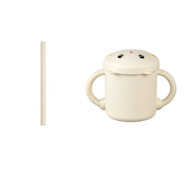 Set 2 Piese Hranire Bebelusi si Copii, Cyrax, Cana cu Capac si Pai, din Silicon, fara BPA, de la 12 Luni, Model Pisicuta, 12 x 9.5 x 11 cm, Bej