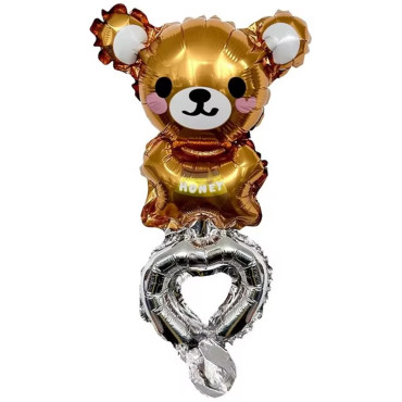 Balon din Folie Metalizata, Cyrax, Figurine Animalute, Tip Bratara, Model Ursulet, Ambalaj Individual, Pai Inclus, Umflare cu Aer sau Heliu, Maro