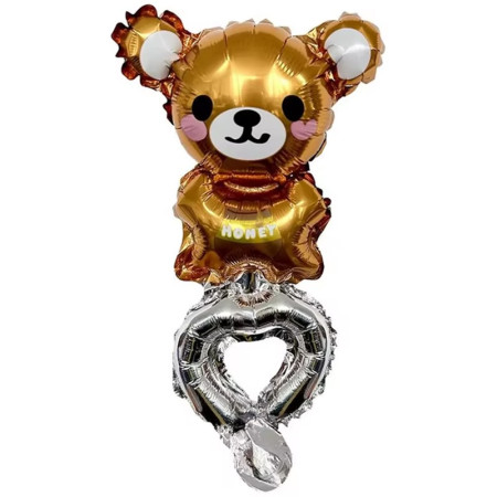 Balon din Folie Metalizata, Cyrax, Figurine Animalute, Tip Bratara, Model Ursulet, Ambalaj Individual, Pai Inclus, Umflare cu Aer sau Heliu, Maro