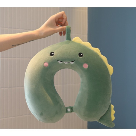 Perna de Calatorie in Forma de U,  Pentru Gat si Cap, Umplutura din Spuma cu Memorie, 30x30 cm, Model Dinozaur, Accesoriu de Voiaj, Birou, Masina, Sistem Prindere Capse, Verde