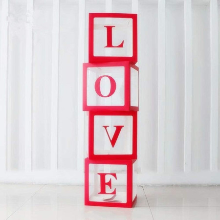 Set 4 Cutii pentru Baloane, Cyrax, Model Scris Love, Tematica Iubire, Cuburi Decorative din Plastic, Accesorii pentru Petrecere, 30x30 cm, Transparente Contur Rosu