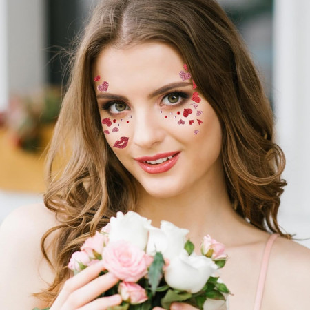 Sticker Temporar pentru Fata, Cyrax, pentru Machiaj, Face Art, Halloween, Teatru, Tema Ziua Indragostitilor, Model cu Inimioare, Multicolor