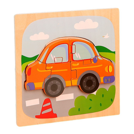 Puzzle Montessori din Lemn pentru Copii, Cyrax, 3D, 0-3 Ani, Model Masina, Educativ, Intuitiv, Creativ, 5 Piese, 15x15x0.5 cm, Multicolor