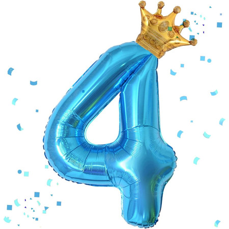 Balon din Folie Metalizata Cyrax, Figurina Cifra si Coroana, Tema Aniversare 100 cm, Ambalaj Individual, Pai inclus, Umflare cu Aer sau Heliu, Albastru, Cifra 4