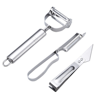 Accesorii de Curatat Decojit Fructe Legume, Cyrax, Set 3 Piese, Feliator Cutit Decojitor, Legume si Fructe, din Otel Inoxidabil, cu Maner, Argintiu