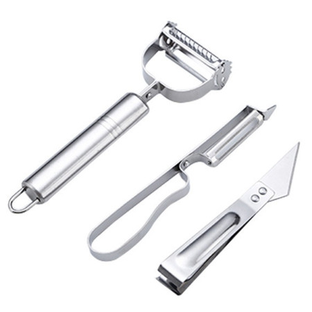 Accesorii de Curatat Decojit Fructe Legume, Cyrax, Set 3 Piese, Feliator Cutit Decojitor, Legume si Fructe, din Otel Inoxidabil, cu Maner, Argintiu