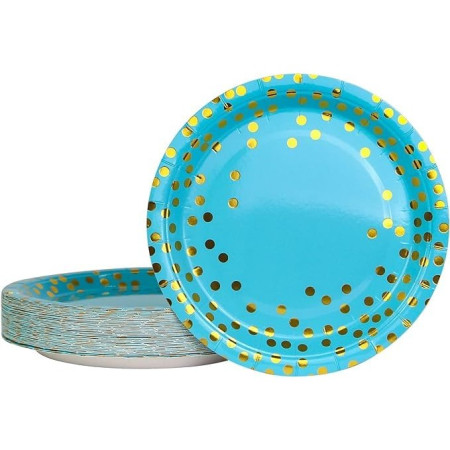 Set 10 Farfurii Unica Folosinta, Cyrax, Imprimeu cu Buline, din Carton, Diametru 23 cm, Albastru/Auriu