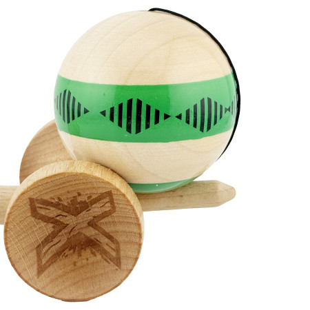Kendama X FREQUENCY Originala, Profesionala, Cyrax, Big Cups V2, Super Sticky cu Cupe Mari, Rulment Metalic, din lemn 18 cm, Ata 55 cm, Verde/Maro