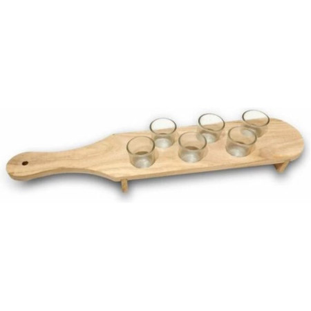 Pahare Shot din Sticla, Cyrax, Set 6 pahare pentru Shot cu Suport din Lemn, Design Rustic, 41 x 8.5 x 6 cm, Model 2, Maro