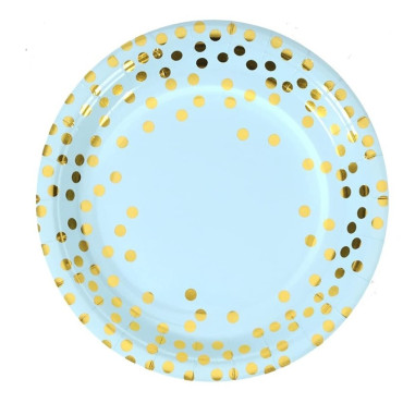 Set 10 Farfurii Unica Folosinta, Cyrax, Imprimeu cu Buline, din Carton, Diametru 18 cm, Albastru/Auriu